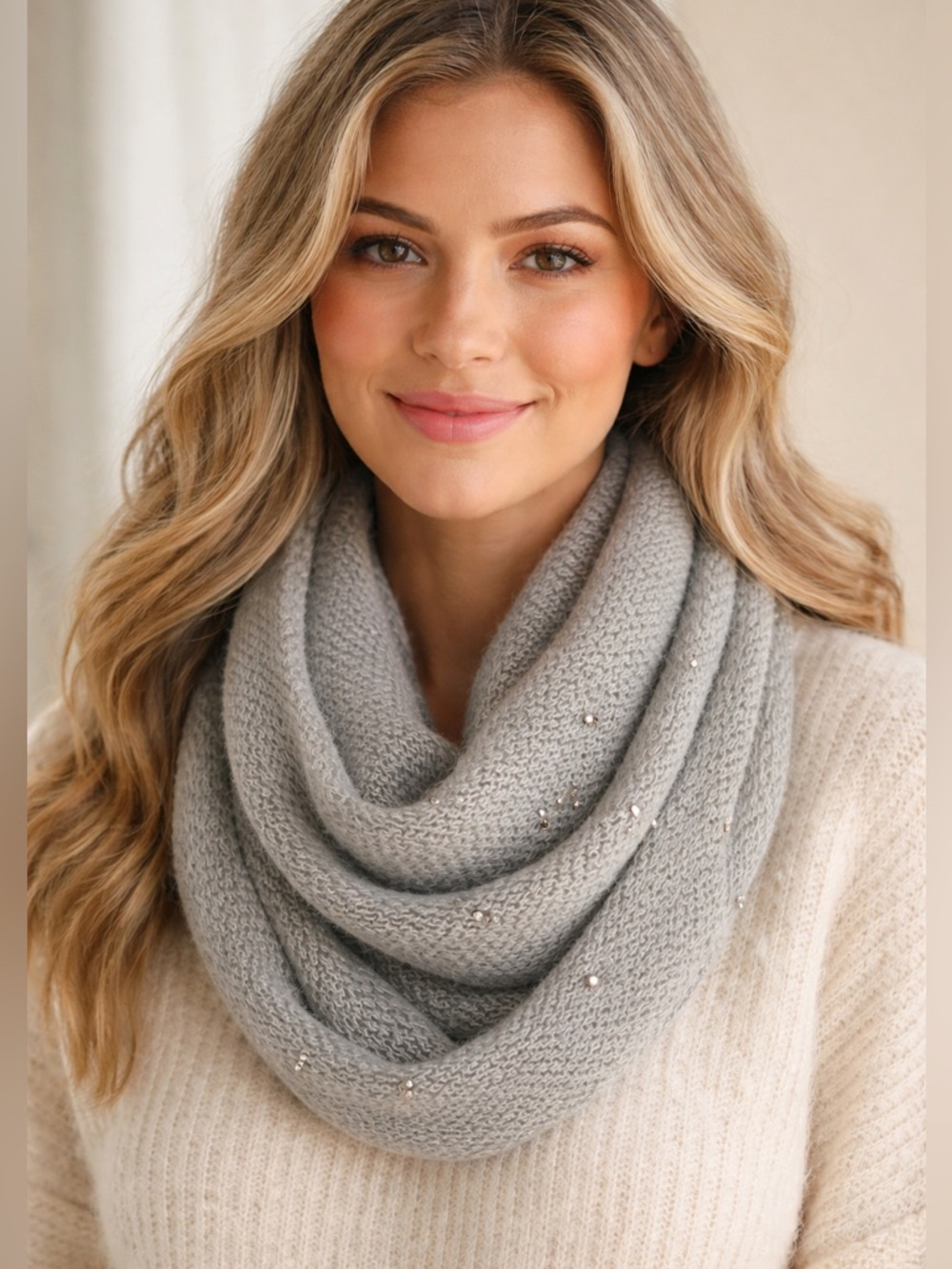 Blue Gray Knit Infinity Scarf Silver Beaded & Metallic Threads NWT